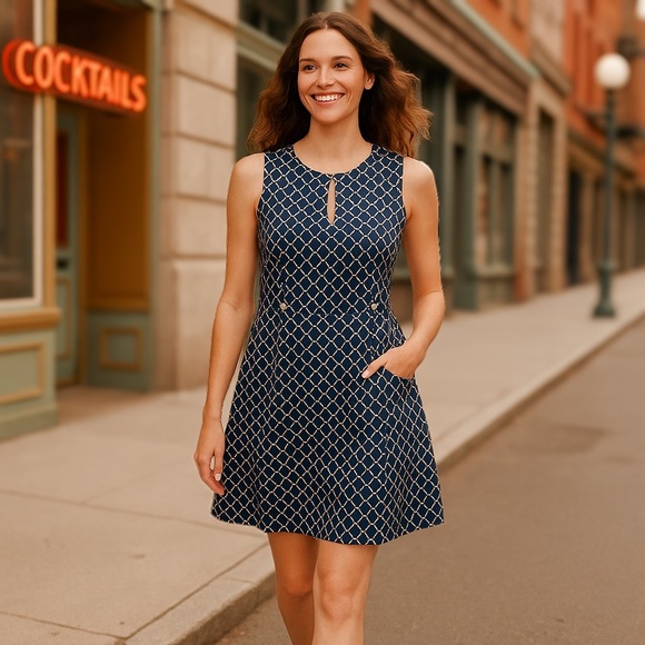 Tabitha Anthropologie Womens Navy Geometric A Line Mini Dress Size 4 Retro Chic - Picture 2 of 15